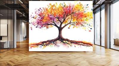 Watercolor painting of a tree with colorful leaves and roots on white background  Wall mural