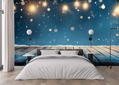 Winter snowy stage background with wooden flooring and Christmas lights on blue background, banner format, copy space. Wall mural