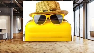 Yellow suitcase with sun glasses and hat on white background. travel concept  Wall mural