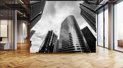 Bottom view of Modern business skyscrapers. Concepts of banking, financial, economics, future. Monochrome black and white color. Wall mural