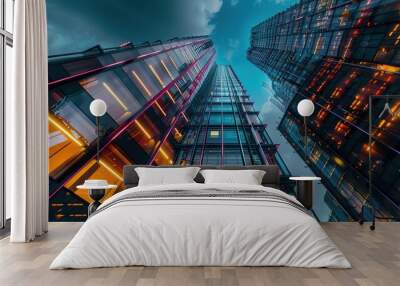 A stunning view of skyscrapers illuminated with neon lights, showcasing modern architecture against a dramatic sky. Wall mural