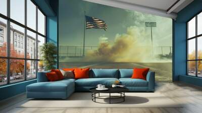 medium shot , softball field background , small amount of smoke on the ground , strike zone , American flag in the air Wall mural