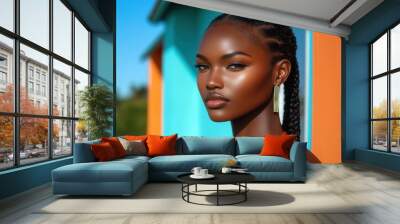 Stunning portrait of a confident woman with braids, showcasing radiant skin against a colorful background. Wall mural