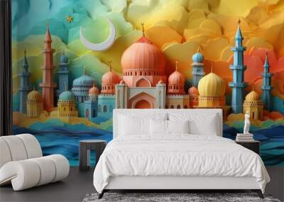 Vibrant paper art depicting a beautiful mosque skyline against a colorful backdrop, showcasing unique architectural features. Wall mural