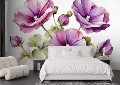 Purple mallow flowers on white background,Purple mallow flowers watercolor Wall mural