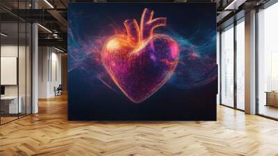 A 3D heart model surrounded by digital waves, symbolizing the flow of life and energy. The background is a dark gradient with ample copy space for World Heart Day messages. The heart represents Wall mural