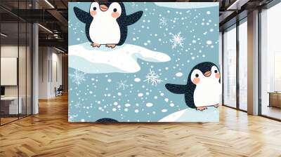 A blue and white penguin pattern with two penguins on top of a snow covered hill Wall mural