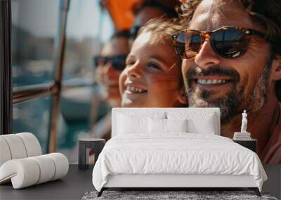 A close-up of a family enjoying a boat tour of a famous city during their vacation. The parents and children are thrilled by the sights and sounds, showcasing the adventure and beauty of urban Wall mural