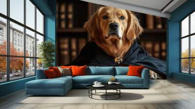 A dog is wearing a black cape and standing in front of a bookshelf Wall mural