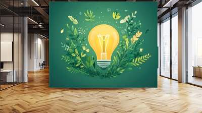 A glowing light bulb encapsulates a greenhouse with green plants growing inside, representing the idea of innovation combined with nature The flat design is clean and sharp with modern graphic Wall mural