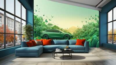 A green car is parked in a lush green field Wall mural