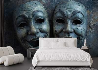 A high-resolution, realistic photograph of two theater comedy masks placed on a textured surface. The lighting is soft, highlighting the masks' contours and creating a sense of depth. The image has Wall mural