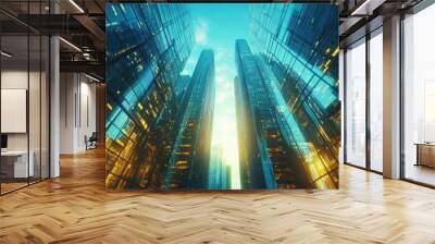 A high-resolution 3D animation of a futuristic financial district with towering skyscrapers and a bustling stock exchange The vibrant scene represents the booming economy with modern architecture and Wall mural