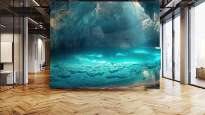 A large blue pool with a cave in the background Wall mural