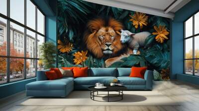 A lion and a lamb are lying in a jungle Wall mural