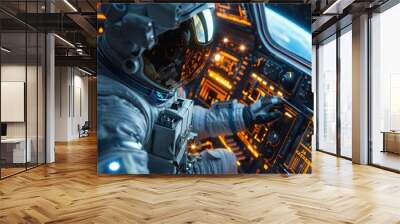 A man in a space suit is sitting in a cockpit of a spaceship Wall mural