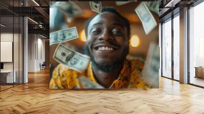 A man is smiling and holding up a bunch of money. Concept of joy and excitement, as the man is celebrating a financial windfall Wall mural