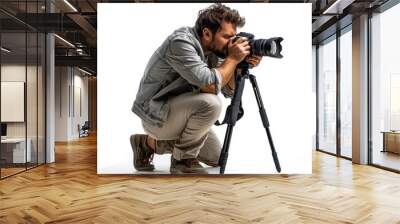 A man taking photos with a camera, photographer in action, lifelike depiction, isolated on a white background Wall mural