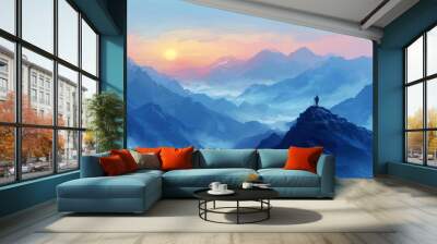 A person stands on a mountain peak, looking out over a vast, blue landscape Wall mural