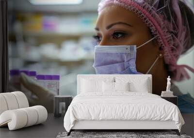 A woman in a pink hat and a blue lab coat is wearing a mask and holding a vial Wall mural