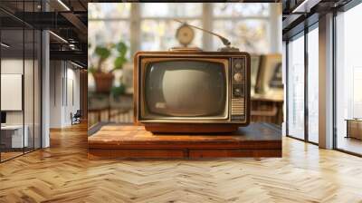 An old television set sitting on a wooden cabinet in a retro-styled living room. The room is decorated with vintage items such as a rotary phone, old photographs, and classic furniture, creating a Wall mural