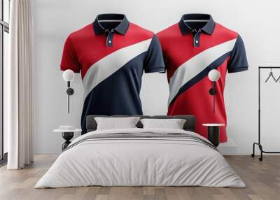 Bold and Vibrant Sport Polo Shirt Displayed on Podium with Innovative Design and Color Contrast against White Background Wall mural