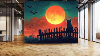 Spooky Halloween Night with Black Cat, Bats, Ghosts, and Moon | 2D Cartoon Wallpaper Wall mural