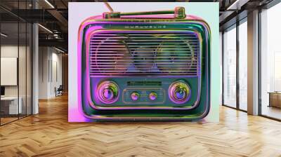 vintage radio with a colorful glitch effect giving it a modern, artistic twist on a gradient backgro Wall mural