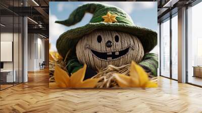 3D-rendered scarecrow with a friendly expression and bright clothes in a cornfield, capturing the playful and inviting look of classic autumn decor, symbolizing warmth and charm Wall mural