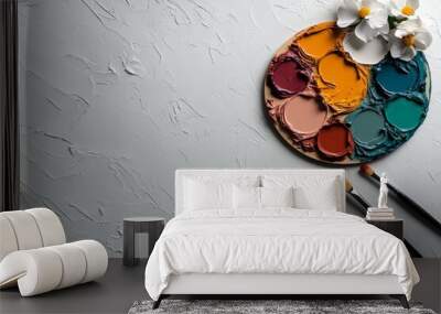 a 2D cartoon illustration of a small paint palette with pastel colors artistic and calming white background Wall mural