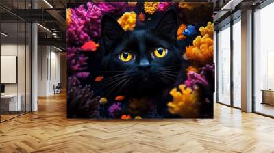 A black cat with gills and fins, swimming gracefully through an underwater world filled with colorful coral and strange sea creatures Wall mural