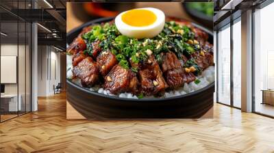 A bowl of Kao Kha Moo, braised pork leg served over rice with pickled mustard greens and a boiled egg Wall mural