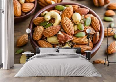 A bowl of mixed nuts and seeds, showcasing a healthy snack rich in protein, fiber, and healthy fats Wall mural