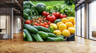 A close-up of organic farming produce, with fresh fruits and vegetables displayed in a natural setting Wall mural