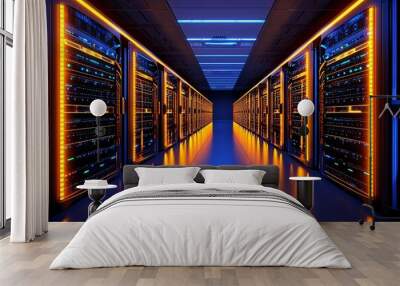 A data center with rows of servers, showcasing the infrastructure behind cloud computing Wall mural