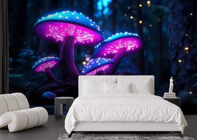 A digital illustration of a magical forest where mushrooms emit a soft, glowing light, guiding the way through the trees at night Wall mural