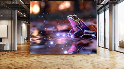 A fantastical rainbow-colored frog sitting by a glowing stream, where the water sparkles with magic and the forest is alive with vibrant colors. Wall mural