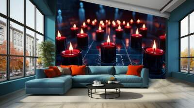 A haunted room filled with black and red candles, their eerie glow reflecting off the shadowy walls and illuminating the ghostly figures, in a candle fantasy artwork illustration Wall mural