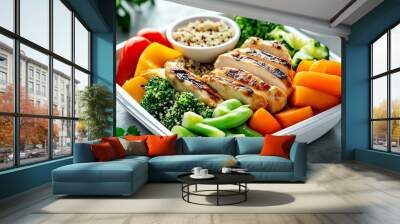 A healthy weight loss meal plate, with grilled chicken, steamed vegetables, and quinoa, arranged neatly on a clean white dish Wall mural