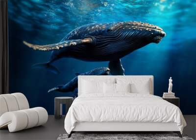 A humpback whale and her calf swim together in the deep blue ocean. Wall mural