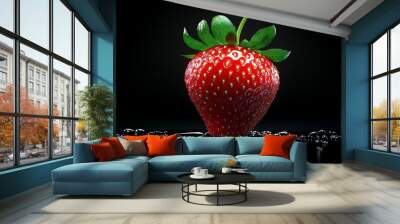 A hyper-realistic image of a single strawberry with seeds, texture, and vibrant red color emphasized Wall mural