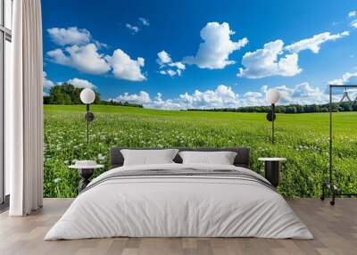 A lush green meadow filled with wildflowers, under a bright blue sky with fluffy white clouds Wall mural