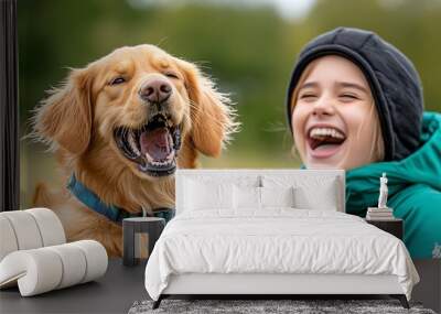 A person and dog sharing a playful moment, with both laughing and playing together Wall mural