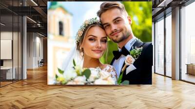 A scene from a traditional Lithuanian wedding in Kaunas, with the bride and groom posing in front of a historic church Wall mural