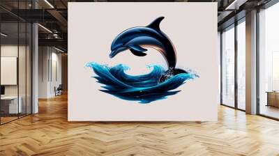 A stylized dolphin leaps from the water, its body outlined in blue against a white background. Wall mural