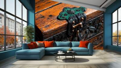 Antiques with a rich patina, illustrated with close-up details of aged wood, brass, and leather, showing the beauty of time-worn surfaces Wall mural