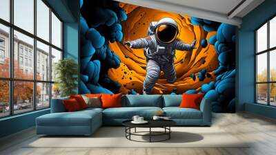 Astronaut floating in space, surrounded by swirling orange and blue nebulae. Wall mural