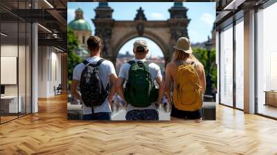 Bridge Arch, Historic, and Tourism visualized in a European city where a historic arch bridge attracts tourists, with people admiring its ancient architecture and taking photos Wall mural