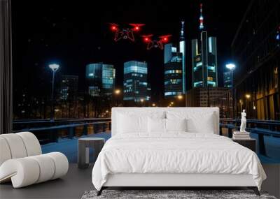 Frankfurtâ€™s futuristic skyline under a snowy night sky, with drone lights flashing overhead Wall mural