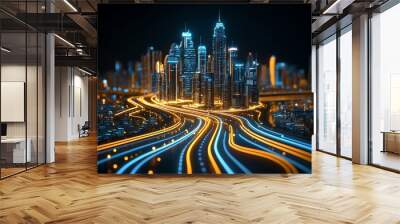 Futuristic cityscape with glowing lines, symbolizing the future of business development in a dynamic market Wall mural